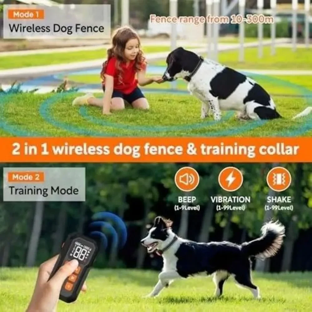 New 2 In 1 Wireless Electric Fence Remote Dogs Shock Training Collar Pet Trainer